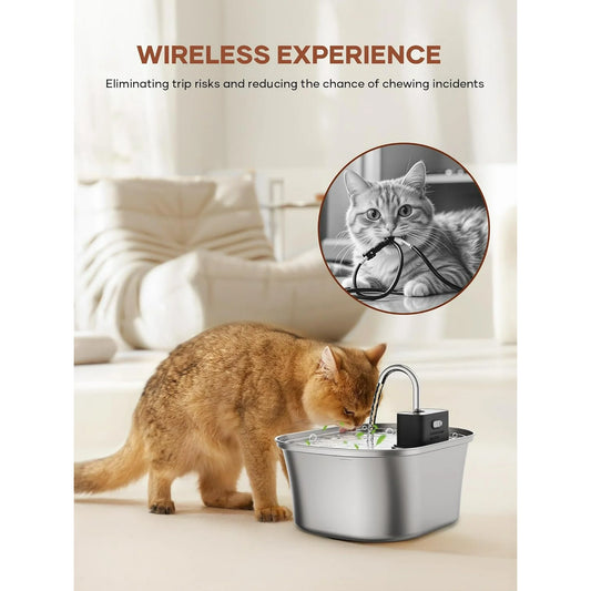 AGEETXT Cat Water Fountain 3.2L/108oz Wireless Stainless Steel Cat Fountain, Automatic Cordless Pet Water Fountain Indoor, Easy Clean BPA-Free for Cats, Dogs, Multiple Pets