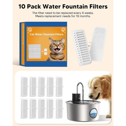 Cat Water Fountain Filters, Replacement Filters for 108oz/3.2L Cat Fountain,10 Packs Filters & 2 Sponges Set for Stainless Steel Pet Water Fountain
