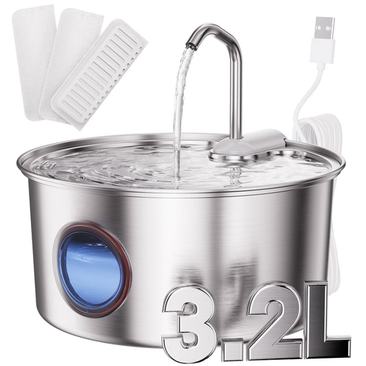 FWMB 3.2L/108oz Stainless Steel Cat Water Fountain with Visual Window - Ultra-Quiet Metal Pet Water Dispenser for Cats & Dogs, Dishwasher Safe, Multi-Pet Friendly, Includes 3 Water Fountain Filters