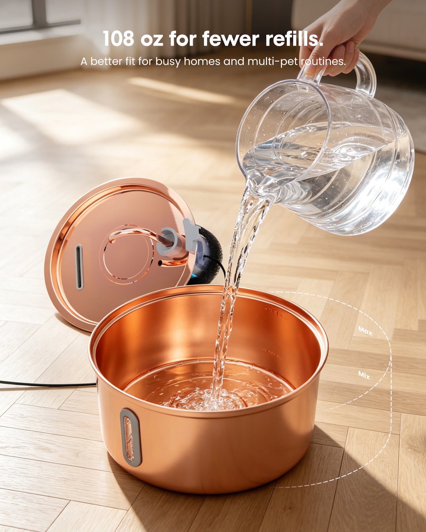 FWMB Copper Surface Cat Water Fountain - 108oz/3.2L Stainless Steel Cat Fountain for Drinking - Large Capacity Cat Water Fountain - Cat Feeding & Watering Supplies