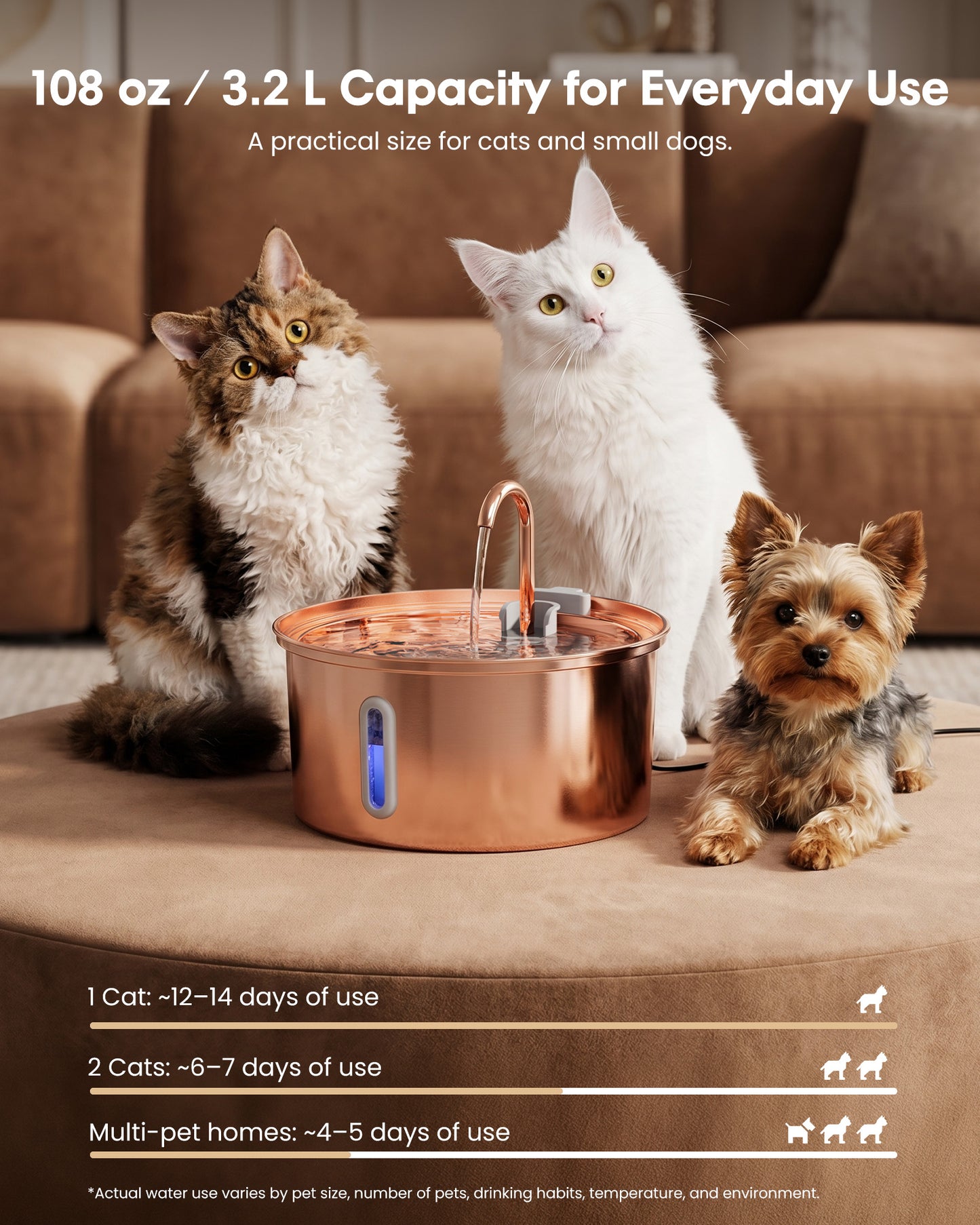 FWMB Copper Surface Cat Water Fountain - 108oz/3.2L Stainless Steel Cat Fountain for Drinking - Large Capacity Cat Water Fountain - Cat Feeding & Watering Supplies