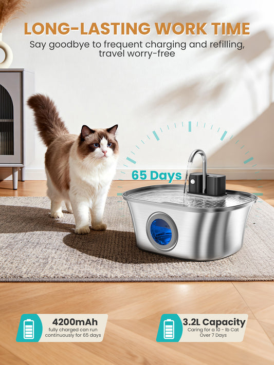 108oz/3.2L Wireless Cat Water Fountain Stainless Steel, Pet Fountain, Battery Operated Cat Fountain, Automatic Pet Water Fountain for Cats and Dogs