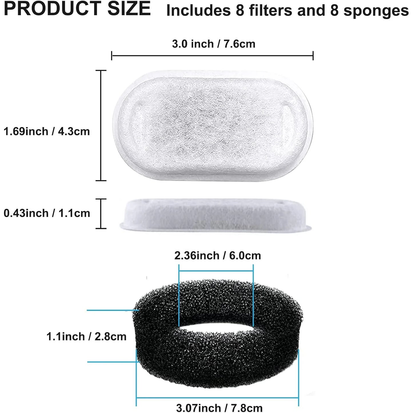 16Pcs Cat Water Fountain Filter, Pet Fountain Filters Replacement, Sponge and Carbon Filters Compatible With FWMB 3.2L/108oz Cat Water Fountain Premium Stainless Steel