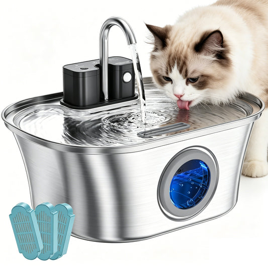 FURCLAN 108oz/3.2L Wireless Cat Water Fountain Stainless Steel, Pet Fountain, Battery Operated Cat Fountain, Automatic Pet Water Fountain for Cats and Dogs