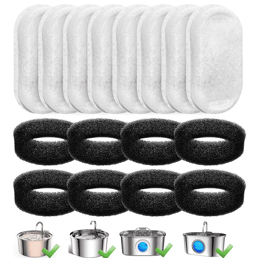 FURCLAN 16pcs Replacement Cat Water Fountain Filters, Compatiable with FWMB Cat Water Fountain 108oz/3.2L and 135oz/4.0L, 8 Pack Filters & 8 Sponges Foam Filter
