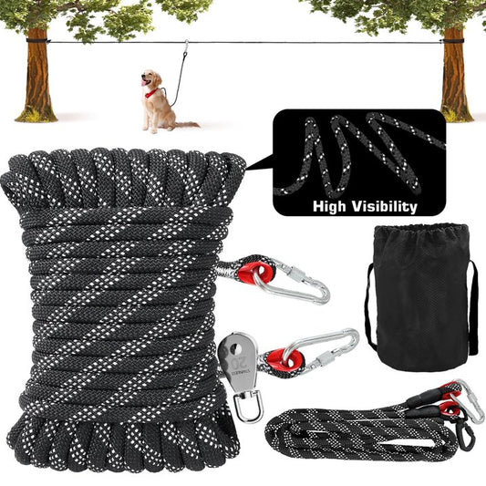 FWMB Dog Tie Out Cable for Camping, 50ft Dog Chair for Yard Hold up to 250lbs, Portable Pet Camping Essentials for Outside,Black,Nylon