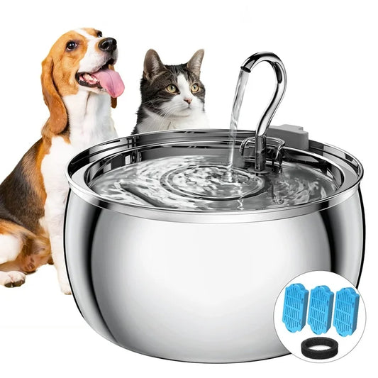 FWMB 4L/135 oz Stainless Steel Cat Water Fountain with 3 Filters, Pet Water Dispenser for Cats Dogs Multiple Pets Drinking, Silver