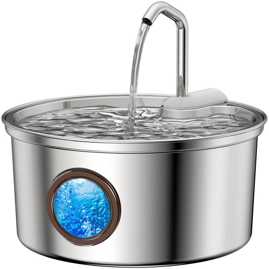 FWMB 3.2L/108 oz Cat Water Fountain Stainless Steel with Filter, Pets Water Fountain, Visual Water Level Window