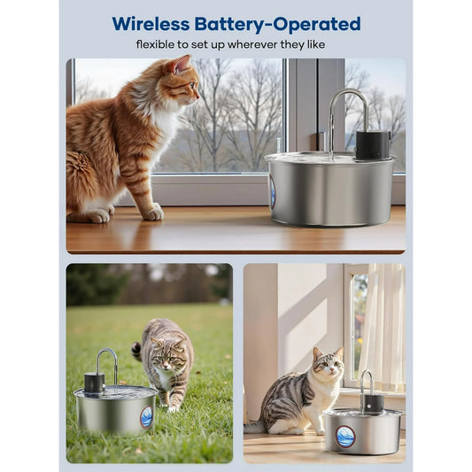 AGEETXT Wireless Cat Water Fountain with Motion Sensor, 108oz/3.2L Stainless Steel Automatic Pet Dispenser for Cats and Small Dogs, Rechargeable & Quiet