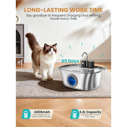 AGEETXT Cat Water Fountain 3.2L/108oz Wireless Stainless Steel Cat Fountain, Automatic Cordless Pet Water Fountain Indoor, Easy Clean BPA-Free for Cats, Dogs, Multiple Pets