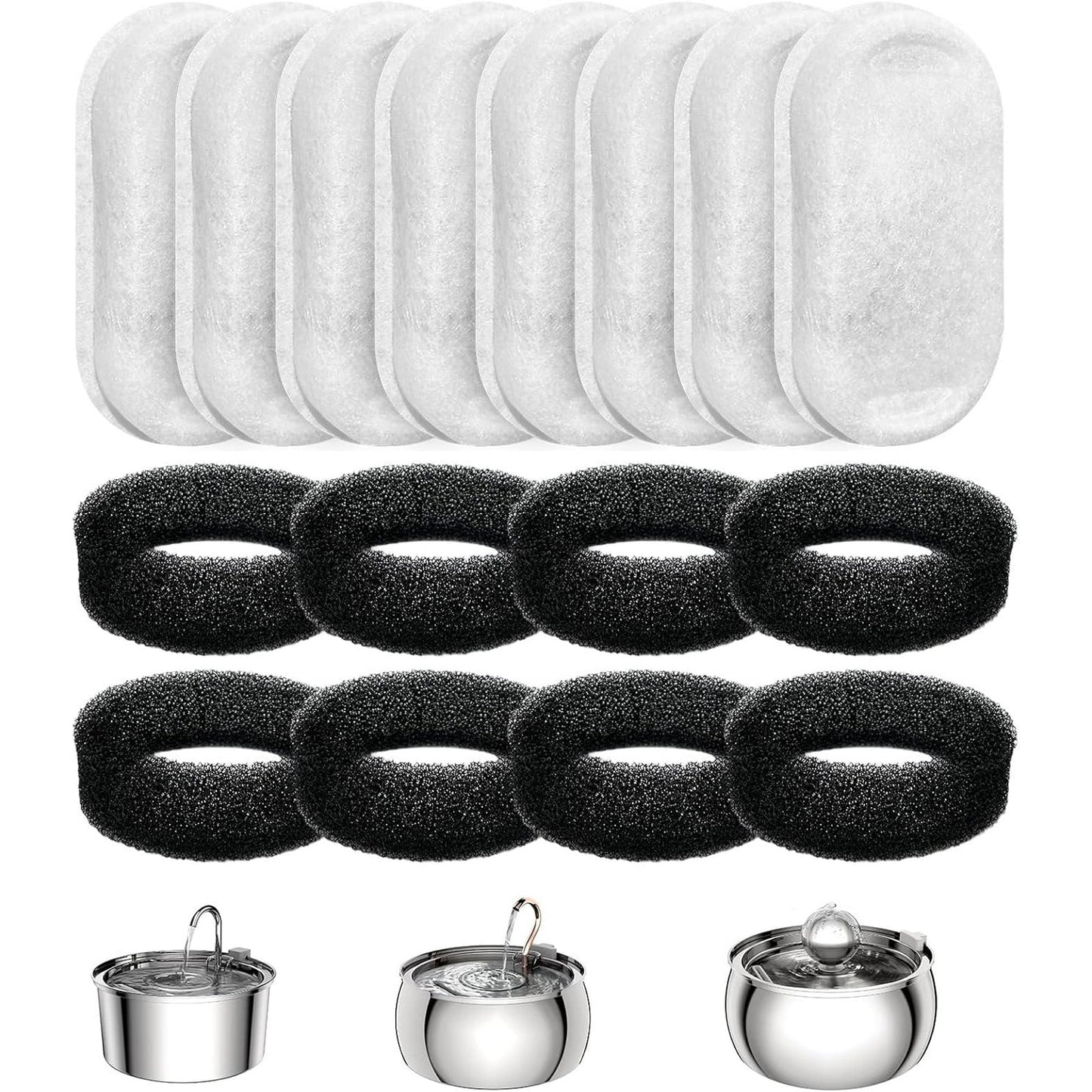 16Pcs Cat Water Fountain Filter, Pet Fountain Filters Replacement, Sponge and Carbon Filters Compatible With FWMB 3.2L/108oz Cat Water Fountain Premium Stainless Steel