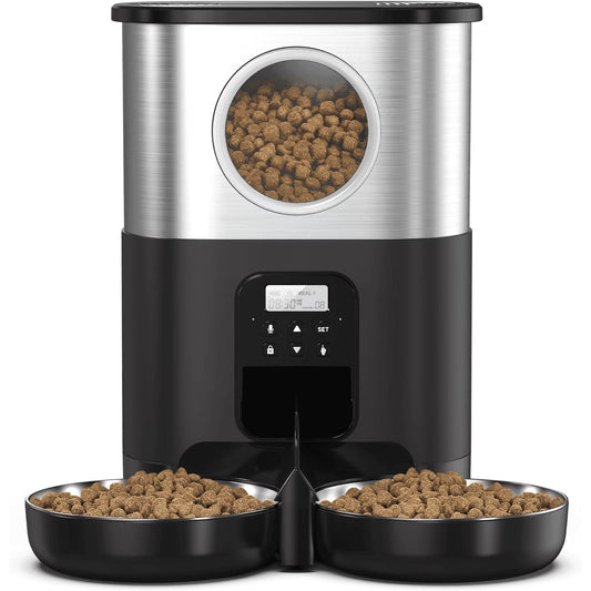 FWMB 5L/20 Cups Large Capacity Automatic Cat Feeder for 2 Cats, with Timer and Voice Function, Cats Dry Food Dispenser with 2 Stainless Steel Bowl for Pets - Black
