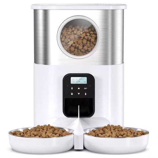 FWMB 5L/20 Cups Large Capacity Automatic Cat Feeder for 2 Cats, with Timer and Voice Function, Cats Dry Food Dispenser with 2 Stainless Steel Bowl for Pets - White