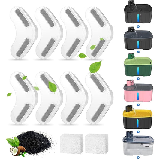 Dog Water Fountain Filter 8-Pack + 2 Sponges - Activated Carbon Replacement Set for 8L Large Wireless Dog Fountain