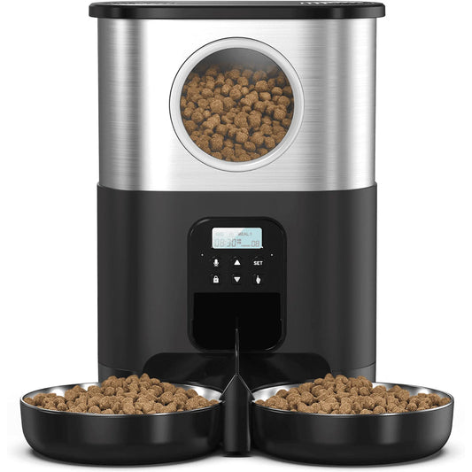 FWMB 5L/20 Cups Automatic Cat Feeders with Recording Function, Timed Cats Dry Food Dispenser with 2 Stainless Steel Bowl for Pet- Black