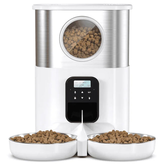 FWMB 5L/20 Cups Automatic Cat Feeders with Recording Function, Timed Cats Dry Food Dispenser with 2 Stainless Steel Bowl for Pet- White