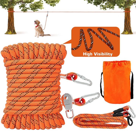 FWMB Dog Tie Out Cable for Camping - 50 Ft Dog Trolley System Runner Cable with 10FT Dog Run Leash,Reflective Dog Lead for Yard,Camping,Park,Outdoor Events for Small to Large Dogs up to 200Lbs