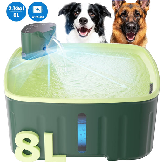 FURCLAN Large Dog Water Fountain 8L/2.1Gal Capacity, Wireless Automatic Pet Water Dispenser with Motion Sensor, Quiet Circulating Waterer for Multi-Pet Home, Green