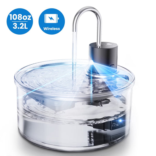 FURCLAN 108oz/3.2L Cordless Glass Cat Water Fountain, Ultra-Quiet Battery Operated Pet Water Dispenser with Motion Sensor, Smart Elegant Easy to Clean Glass Pet Water Fountain for Cats Dog