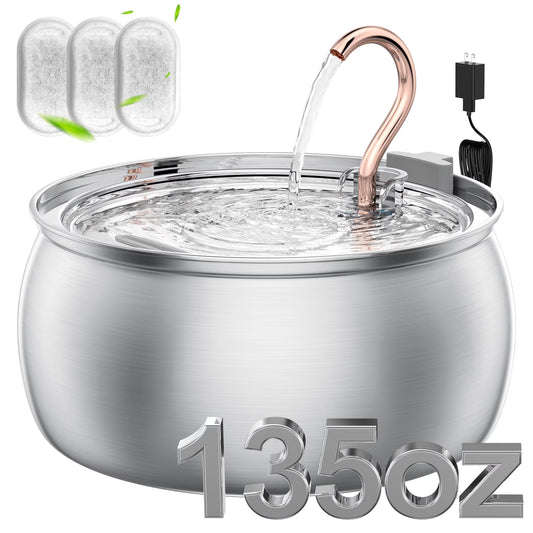 FURCLAN 4L/135oz Swan Neck Cat Water Fountain Stainless Steel with 3 Filters, 304 Stainless Steel Dog Water Fountain, Ultra-Silent Pet Water Dispenser, Drinking Fountain for Cats & Dogs