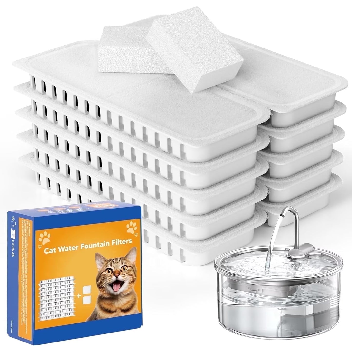 FWMB Cat Water Fountain Filters, Replacement Filters for 108oz/3.2L Cat Fountain,10 Packs Filters & 2 Sponges Set for Stainless Steel Pet Water Fountain