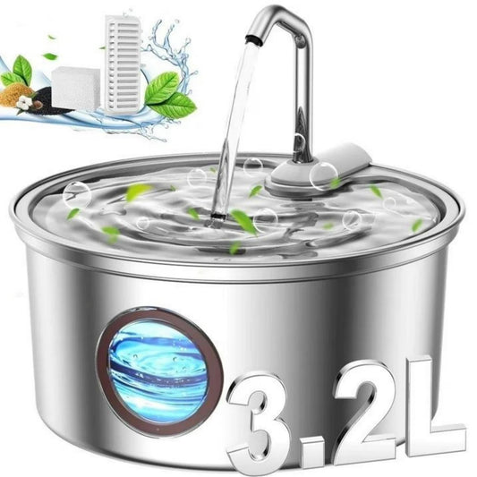 FWMB 3.2L/108 oz Cat Water Fountain Stainless Steel with Filter, Pets Water Fountain, Visual Water Level Window