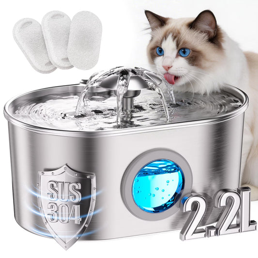 FURCLAN Stainless Steel Cat Water Fountain, 74oz/2.2L, 3 Replaceable Filters, Visible Water Window, LED Light