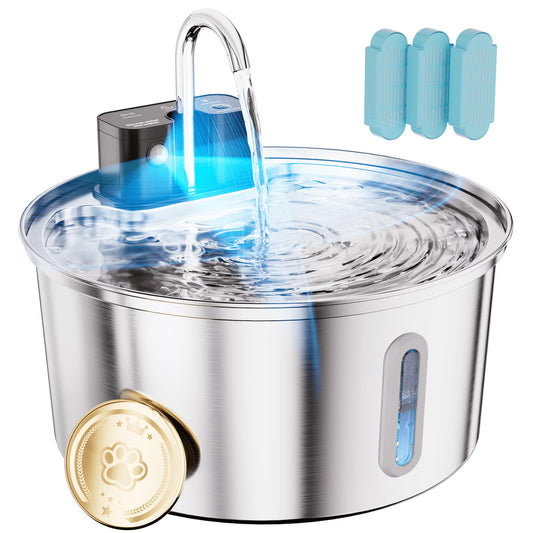 FWMB Wireless Cat Water Fountain - 108oz/3.2L Automatic Cat Water Fountain Cordless, Stainless Steel Battery Operated Pet Water Fountain Rechargeable Water Dispenser for Cats, Dogs, Multiple Pets