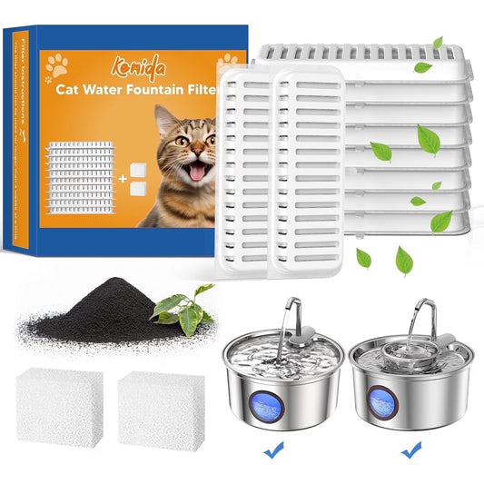 Pet Water Fountain Filters, Compatible with FWMB 8L/270oz Stainless Steel Dog Water Fountain,10 Filters with 2 Sponges Replacement Set, Multi-Filtration System