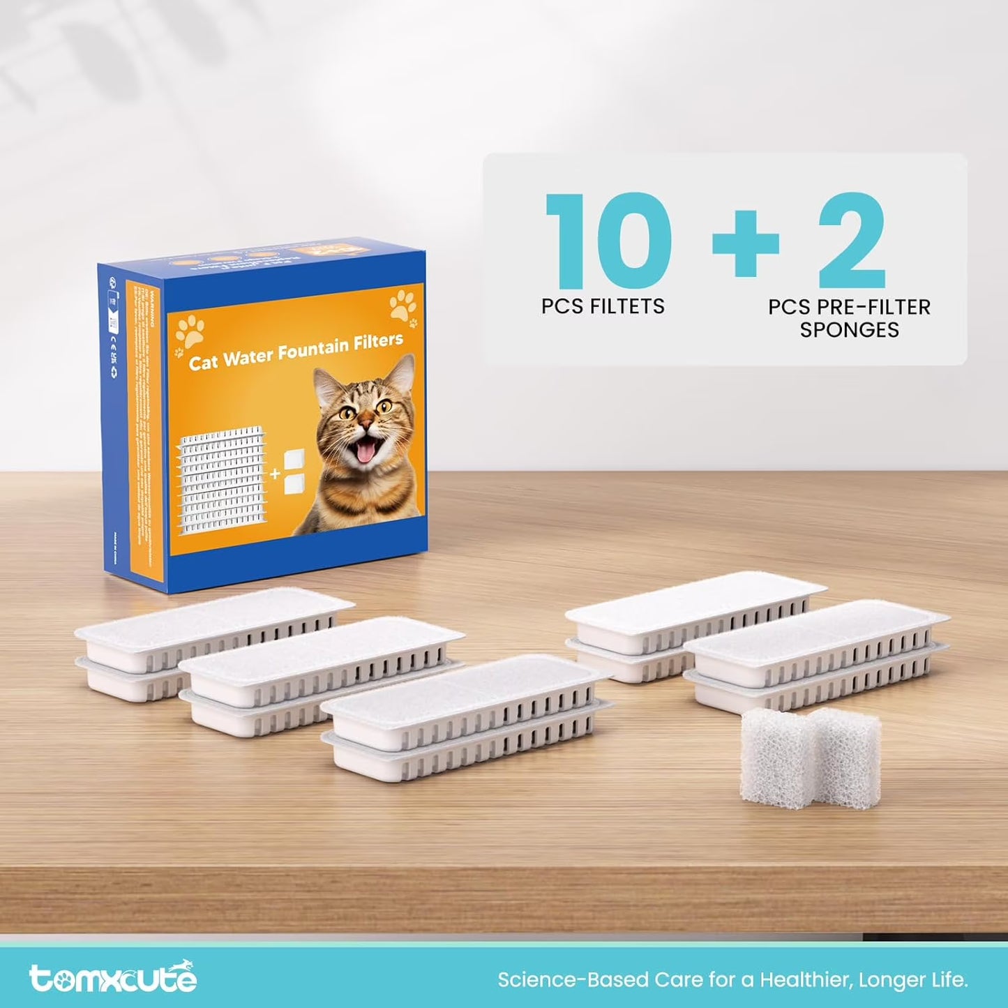 FWMB Cat Water Fountain Filters, Replacement Filters for 108oz/3.2L Cat Fountain,10 Packs Filters & 2 Sponges Set for Stainless Steel Pet Water Fountain