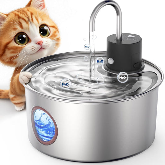 FWMB Wireless Cat Water Fountain Battery Operated, 108oz/3.2L Stainless Steel Cat Dringking Fountain Cordless,Rechargeable Fountain with Sensor,Timer,Smart Water Fountain for Cats Indoor