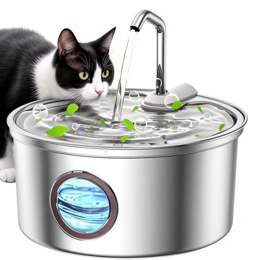 FWMB 3.2L/108 oz Cat Water Fountain Stainless Steel with Filter, Pets Water Fountain, Visual Water Level Window