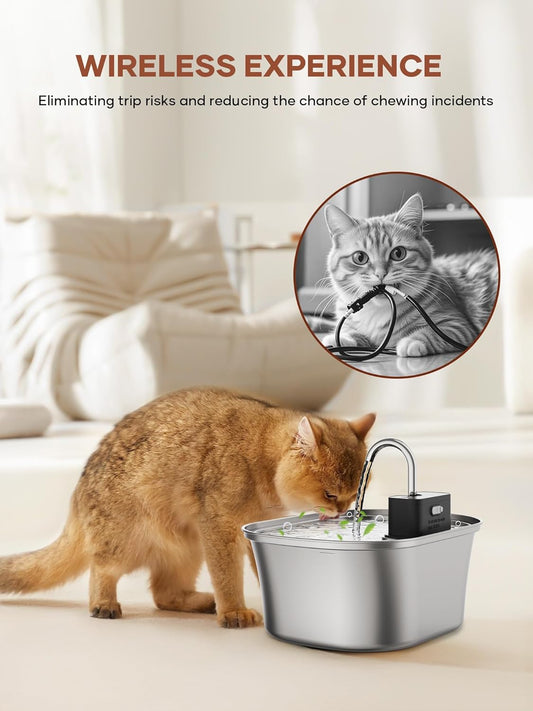 FWMB Wireless Cat Water Fountain Battery Operated Stainless Steel Cat Fountain, Automatic Cordless Pet Water Fountain Indoor, Easy Clean BPA-Free for Cats, Dogs, Multiple Pets